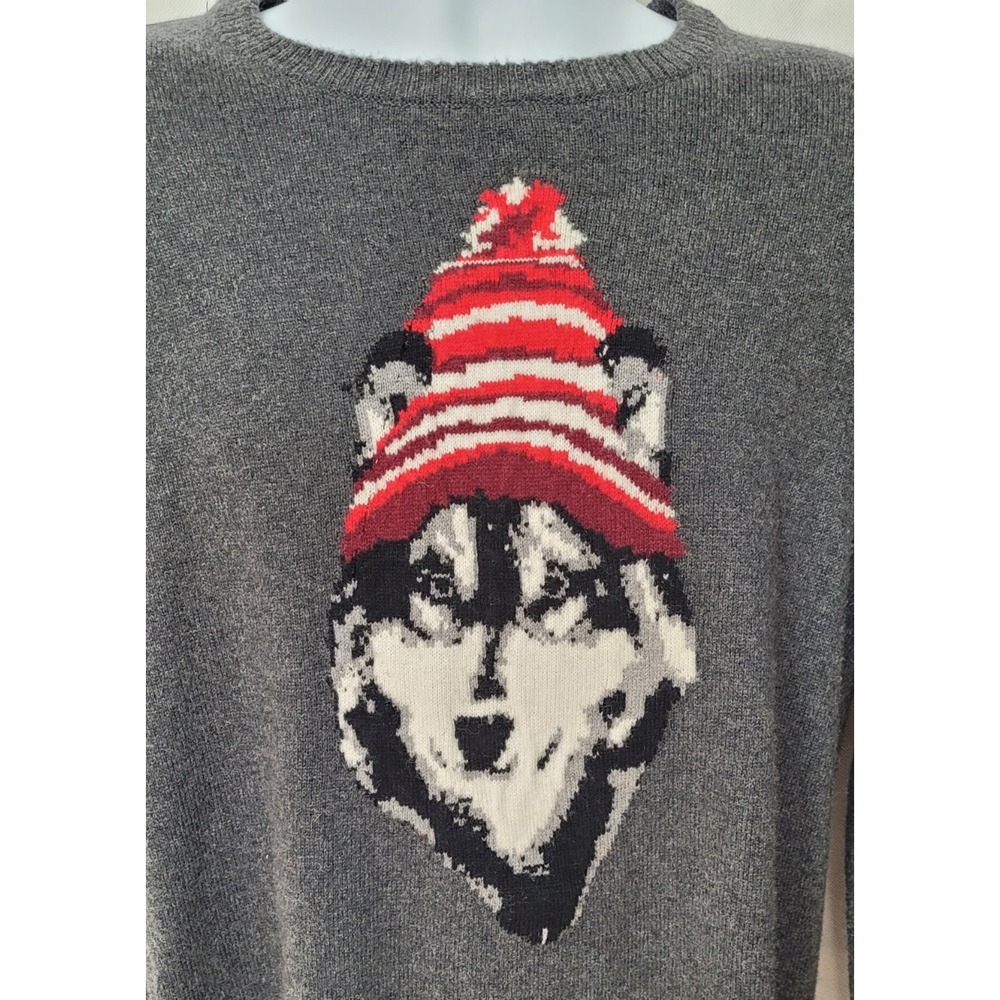 Aeropostale Sweater L Pullover Gray Husky Dog Winter Hat Vintage Y2K Wool Blend